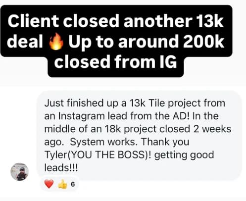 Client message reporting a booked job from Instagram ads
