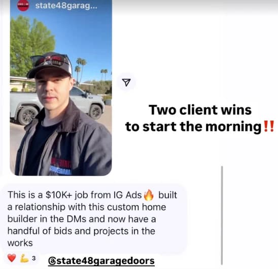 Client message reporting a booked job from Instagram ads
