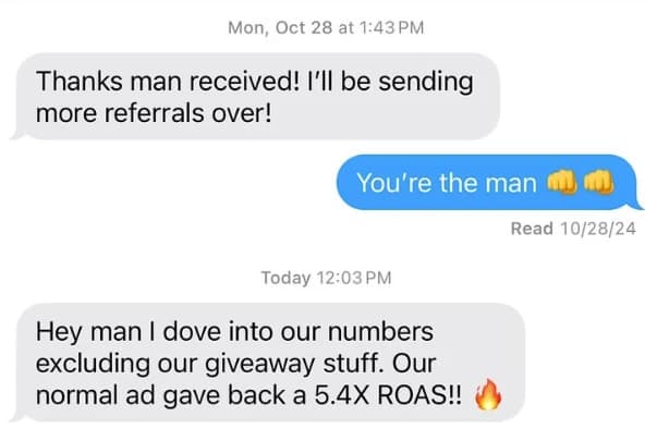 Client message reporting a booked job from Instagram ads