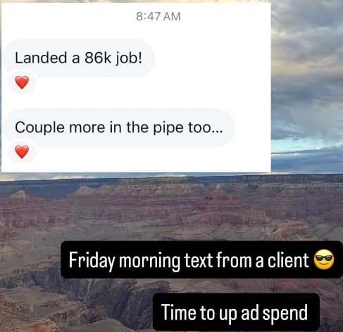 Client message reporting a booked job from Instagram ads