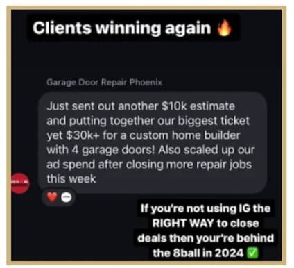 Client message reporting a booked job from Instagram ads